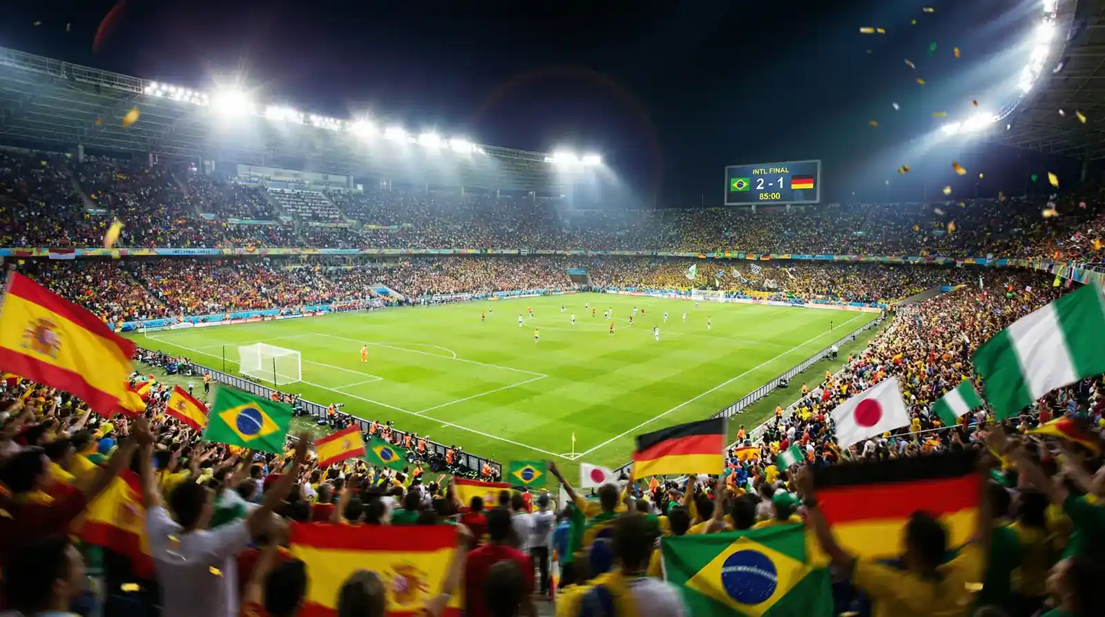 Vue panoramique d'un stade de football moderne lors d'un match international de Coupe du Monde