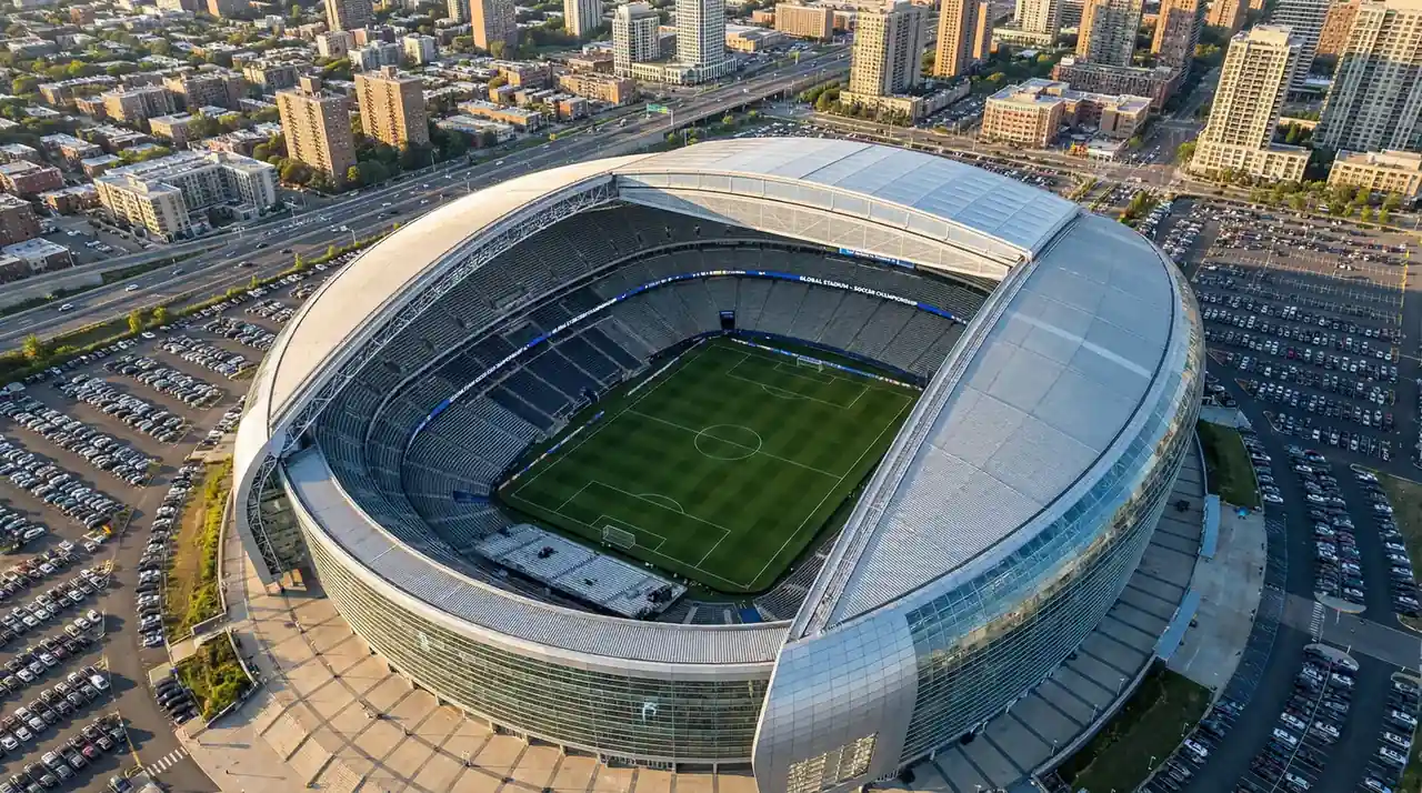 Vue aérienne d'un stade américain moderne accueillant un match de football international